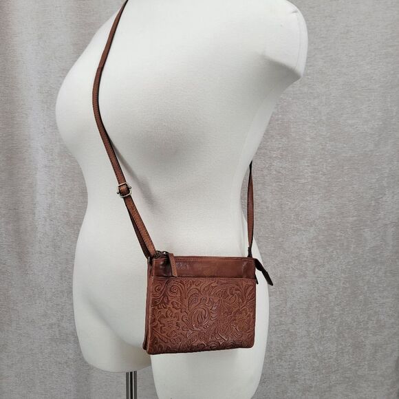 Leather Brown Embossed Floral Tooled Mini Crossbody Bag Purse - Picture 1 of 13